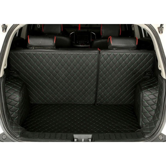 Black and Green Stitching Full Cover Luxury Leather Diamond Trunk Car Mats