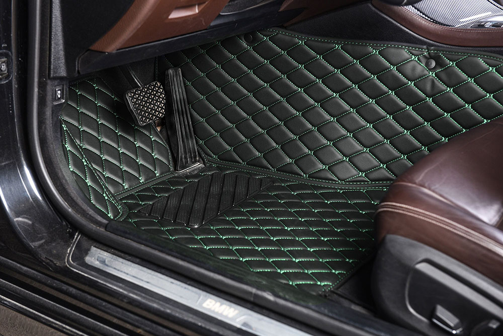 Black and Green Stitching Luxury Leather Diamond Car Mats