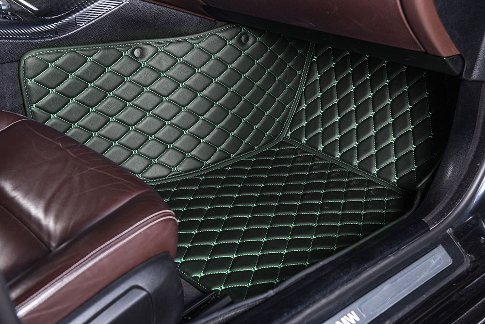 Black and Green Stitching Luxury Leather Diamonds Car Floor Mats