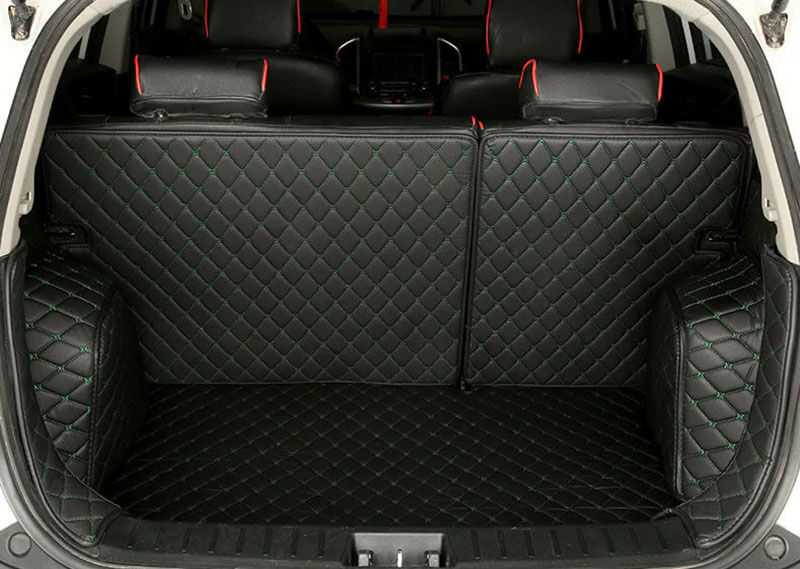 Black and Green Stitching Full Cover Luxury Leather Diamond Trunk Car Mats